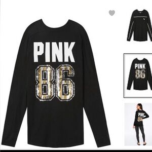 VS PINK SEQUIN BLING VARSITY LONG SLEEVE TEE SZ SM